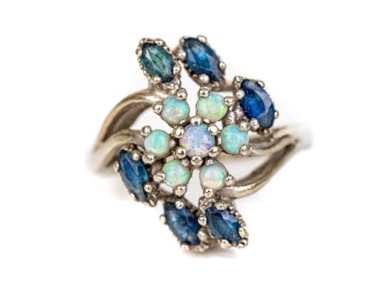 10k White Gold Vintage Opal And Blue Sapphire Cluster Ring, Size 6.75