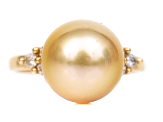 14k Yellow Gold Beautiful 10mm Champagne Cultured Pearl And Diamond Ring, Size 6