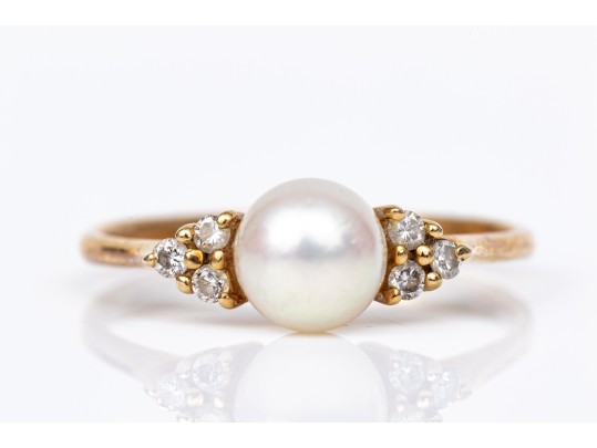 14k Yellow Gold Pretty 5.75mm Cultured Pearl And Diamond Ring, Size 5