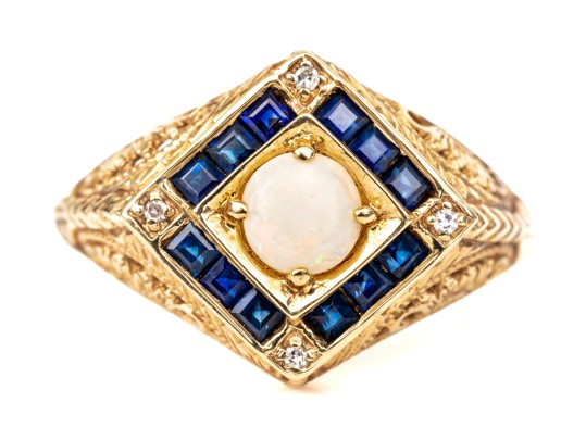 14k Yellow Gold Vintage Filigree Opal, Diamond And Sapphire Ring, Size 7-