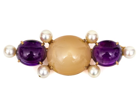 14k Yellow Gold Fabulous Chunky Cabachon Amethyst And Cultured Pearl Decorated Brooch