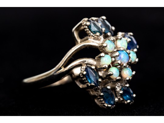 10k White Gold Vintage Opal And Blue Sapphire Cluster Ring, Size 6.75