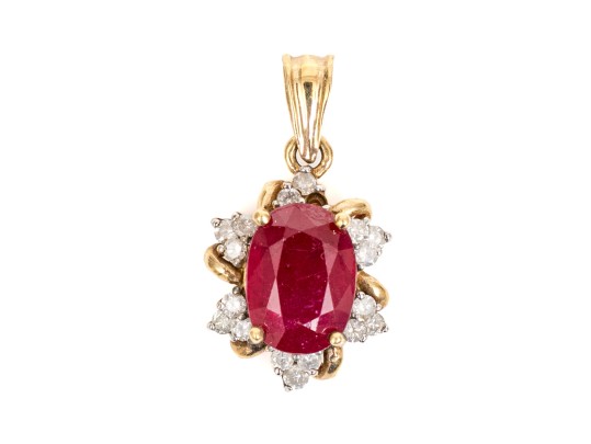 14k Yellow Gold Chunky Oval Lead Filled Ruby And Trefoil Diamond Halo Pendant, App. 0.25 TCW