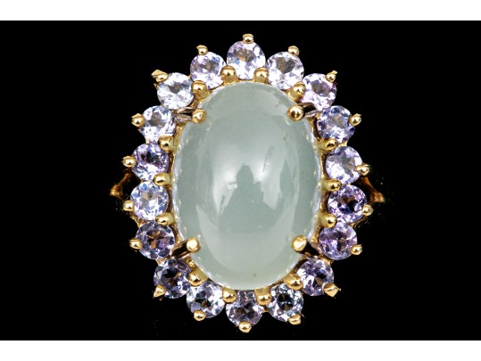14k Yellow Gold Pale Green Chalcedony And Tanzanite Halo Ring, Size 8