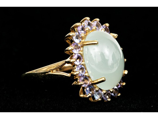 14k Yellow Gold Pale Green Chalcedony And Tanzanite Halo Ring, Size 8