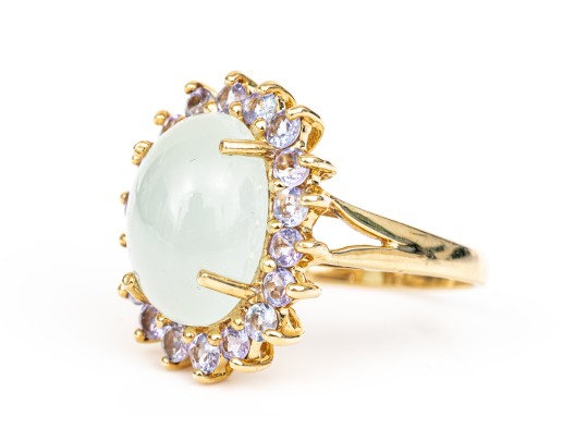 14k Yellow Gold Pale Green Chalcedony And Tanzanite Halo Ring, Size 8