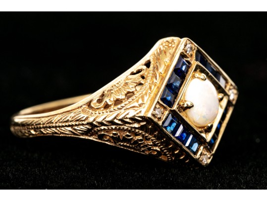 14k Yellow Gold Vintage Filigree Opal, Diamond And Sapphire Ring, Size 7-