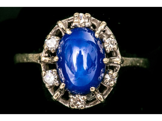 14k White Gold Retro Synthetic Blue Star Sapphire And Cz Halo Ring, Size 3