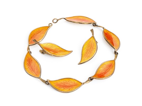 Danish Vintage Sterling Striking Orange Enamel Leaf Motif Earrings And Bracelet Set