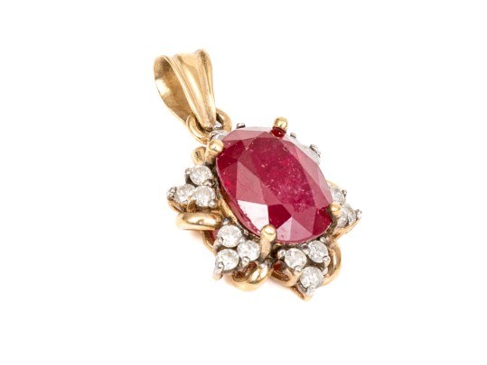 14k Yellow Gold Chunky Oval Lead Filled Ruby And Trefoil Diamond Halo Pendant, App. 0.25 TCW