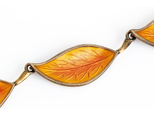 Danish Vintage Sterling Striking Orange Enamel Leaf Motif Earrings And Bracelet Set