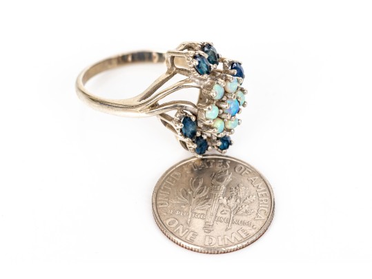 10k White Gold Vintage Opal And Blue Sapphire Cluster Ring, Size 6.75