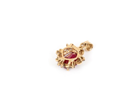 14k Yellow Gold Chunky Oval Lead Filled Ruby And Trefoil Diamond Halo Pendant, App. 0.25 TCW