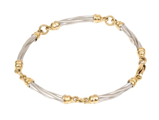 14k Two Tone Striking Twisted Tube Link Bracelet, Capped With Ribbed Ends