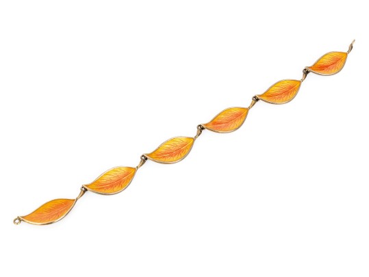 Danish Vintage Sterling Striking Orange Enamel Leaf Motif Earrings And Bracelet Set