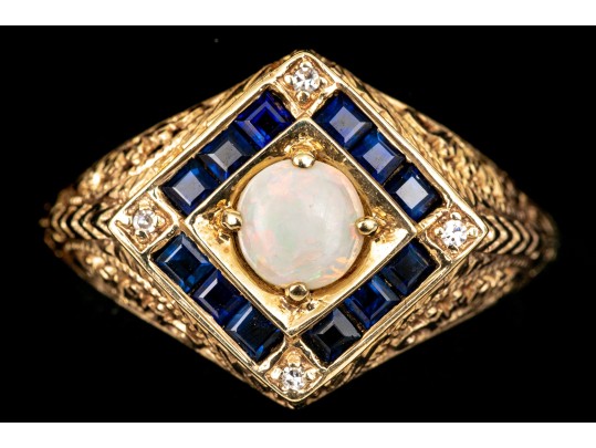 14k Yellow Gold Vintage Filigree Opal, Diamond And Sapphire Ring, Size 7-