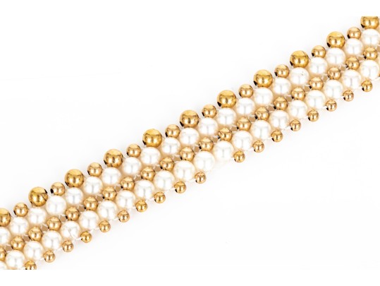 Striking 4.25mm Cultured Pearl And Bead Collar, With 14k Filigree Three Row Clasp