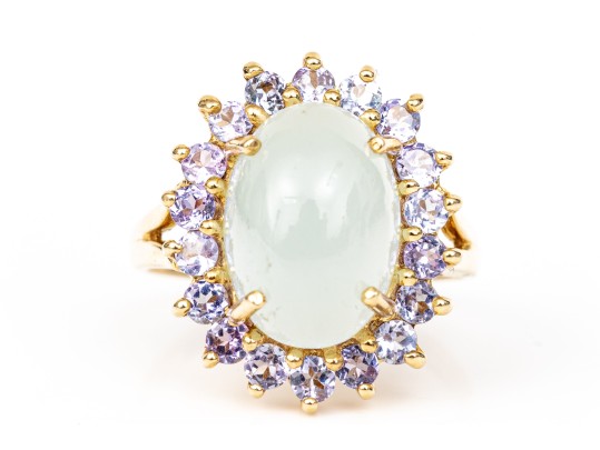 14k Yellow Gold Pale Green Chalcedony And Tanzanite Halo Ring, Size 8