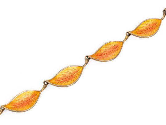 Danish Vintage Sterling Striking Orange Enamel Leaf Motif Earrings And Bracelet Set