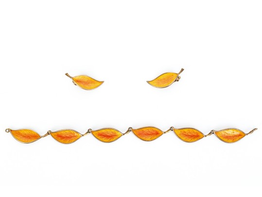 Danish Vintage Sterling Striking Orange Enamel Leaf Motif Earrings And Bracelet Set