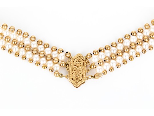 Striking 4.25mm Cultured Pearl And Bead Collar, With 14k Filigree Three Row Clasp