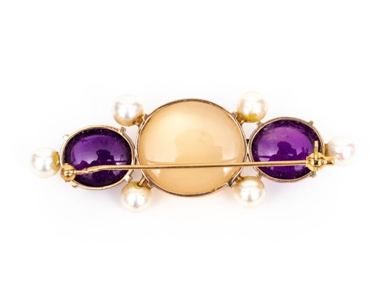 14k Yellow Gold Fabulous Chunky Cabachon Amethyst And Cultured Pearl Decorated Brooch