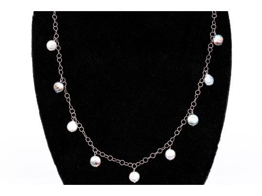 Sterling Silver Fun Opera Length Necklace With Coin Shaped Cultured Freshwater Pearl Stations