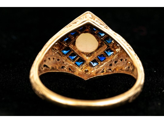 14k Yellow Gold Vintage Filigree Opal, Diamond And Sapphire Ring, Size 7-