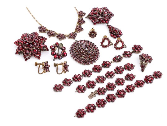 Collection Of Vintage Burgundy Czech Crystal Motif Jewelry Pieces
