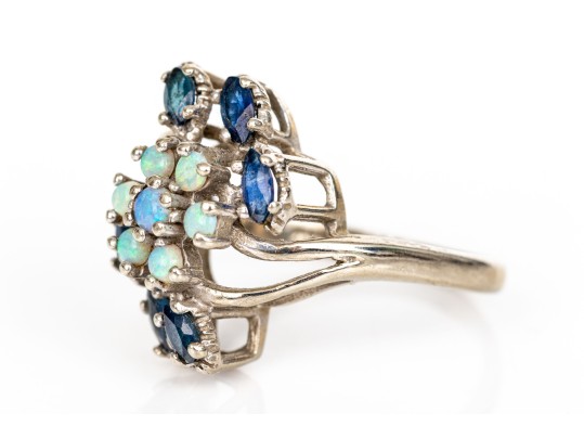 10k White Gold Vintage Opal And Blue Sapphire Cluster Ring, Size 6.75