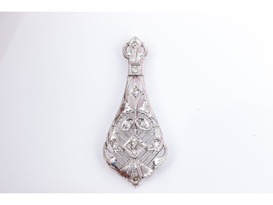 14k White Gold Pretty Vintage Filigree Brooch, Diamond Set, App. 0.20 TCW
