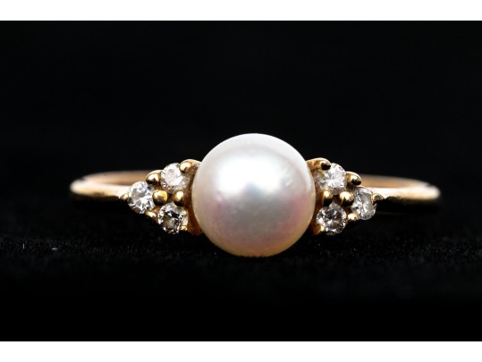 14k Yellow Gold Pretty 5.75mm Cultured Pearl And Diamond Ring, Size 5