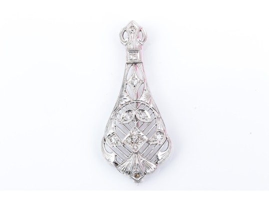 14k White Gold Pretty Vintage Filigree Brooch, Diamond Set, App. 0.20 TCW