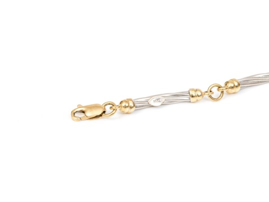 14k Two Tone Striking Twisted Tube Link Bracelet, Capped With Ribbed Ends