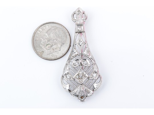 14k White Gold Pretty Vintage Filigree Brooch, Diamond Set, App. 0.20 TCW