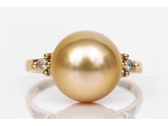 14k Yellow Gold Beautiful 10mm Champagne Cultured Pearl And Diamond Ring, Size 6