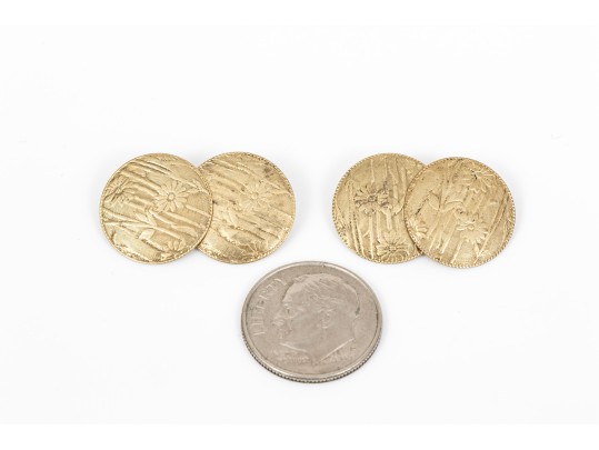 10k Yellow Gold Lovely Vintage Guilloche And Floral Patterned Loose Link Cufflinks