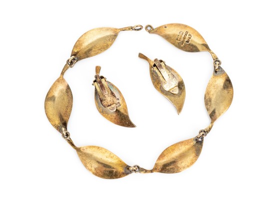 Danish Vintage Sterling Striking Orange Enamel Leaf Motif Earrings And Bracelet Set
