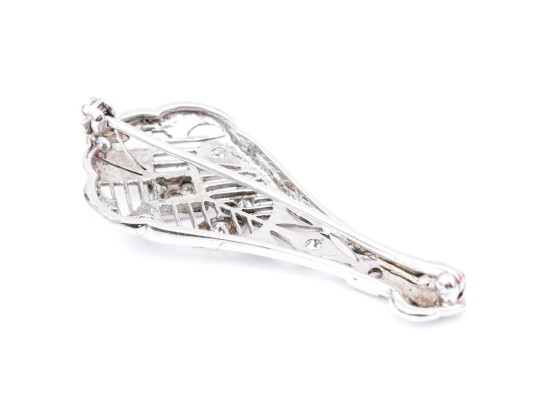 14k White Gold Pretty Vintage Filigree Brooch, Diamond Set, App. 0.20 TCW