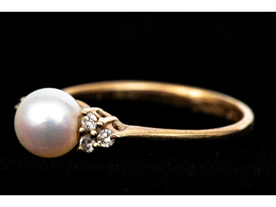 14k Yellow Gold Pretty 5.75mm Cultured Pearl And Diamond Ring, Size 5