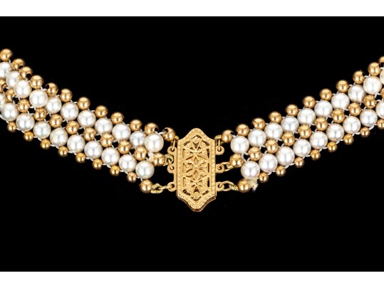 Striking 4.25mm Cultured Pearl And Bead Collar, With 14k Filigree Three Row Clasp