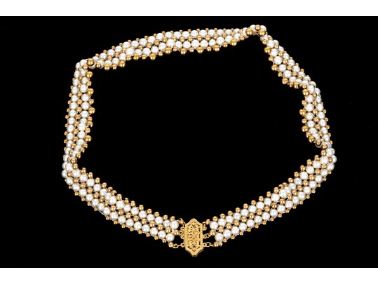 Striking 4.25mm Cultured Pearl And Bead Collar, With 14k Filigree Three Row Clasp