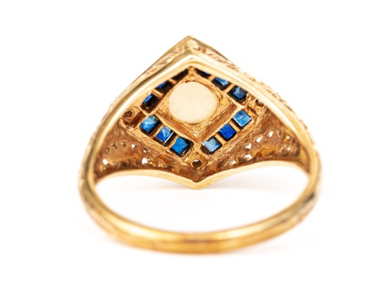 14k Yellow Gold Vintage Filigree Opal, Diamond And Sapphire Ring, Size 7-