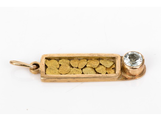 14k Yellow Gold Handsome Pebbled Bar And Prasiolite Set Pendant, App. 0.14 CTS