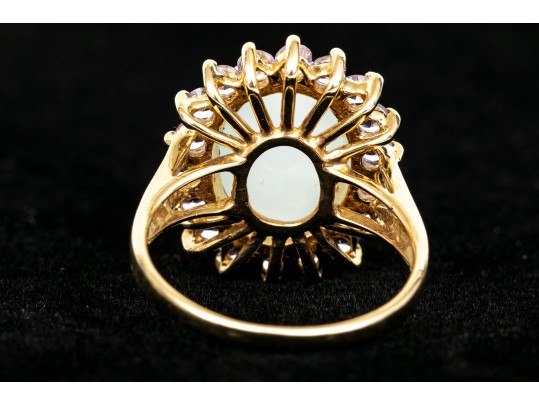 14k Yellow Gold Pale Green Chalcedony And Tanzanite Halo Ring, Size 8