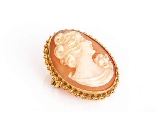 10k Yellow Gold Vintage Oval Cameo Brooch/pendant, Decorative Border 