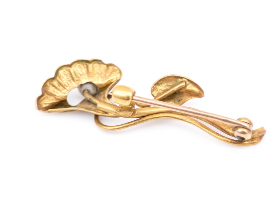 Antique Pretty Yellow Gold Filled And Cultured Pearl Foliate Motif Brooch
