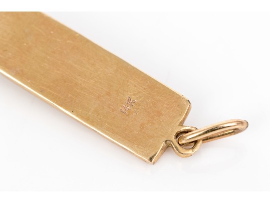 14k Yellow Gold Handsome Pebbled Bar And Prasiolite Set Pendant, App. 0.14 CTS