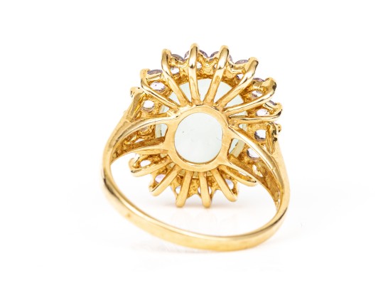 14k Yellow Gold Pale Green Chalcedony And Tanzanite Halo Ring, Size 8