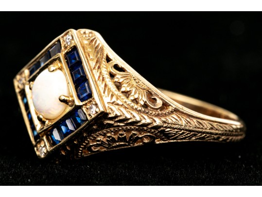 14k Yellow Gold Vintage Filigree Opal, Diamond And Sapphire Ring, Size 7-